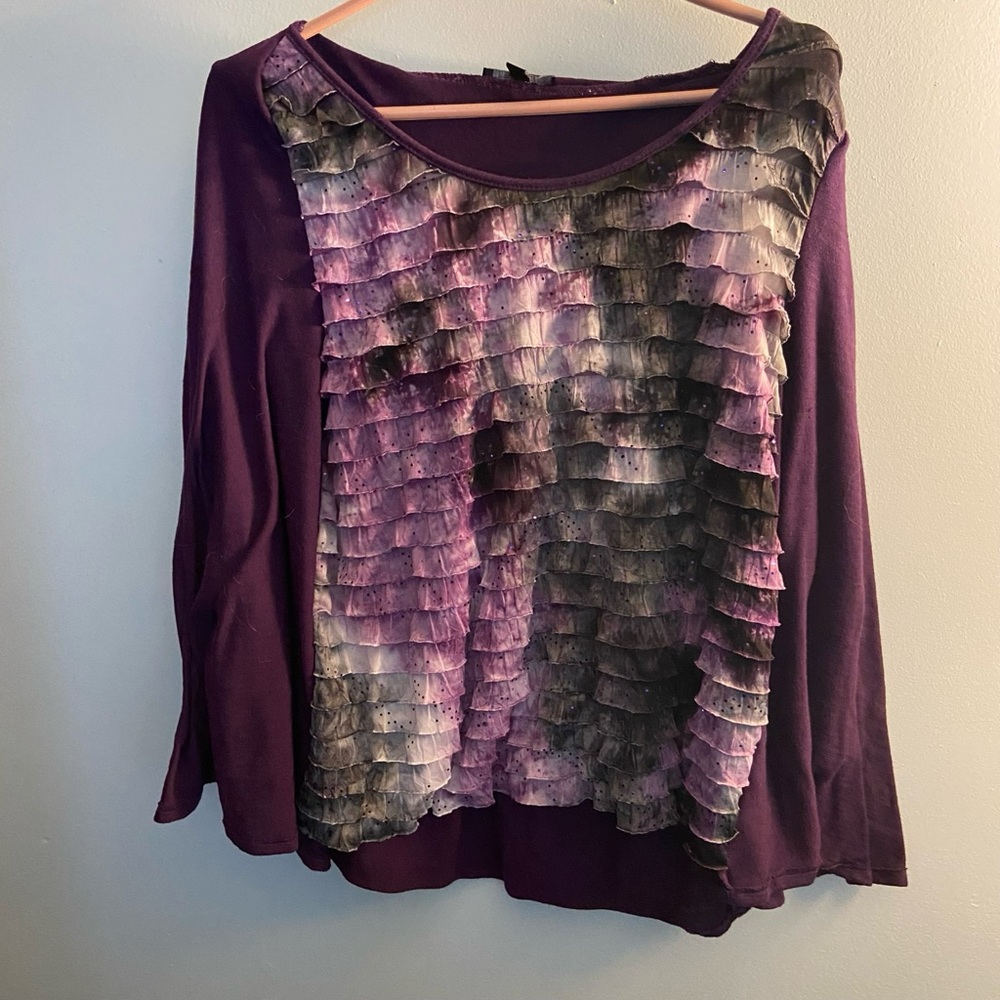 Notations Women’s Blouse Large – Purple Ruffle Front Long Sleeve